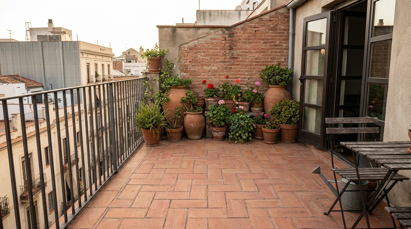 Terraza con suelo de barro, macetas y barandilla de metal