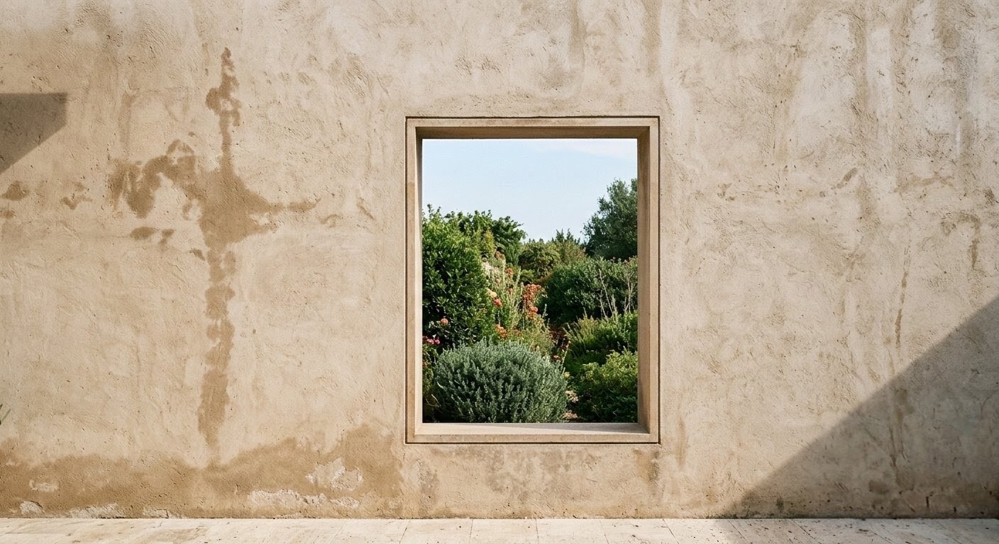 Una ventana al verde: exterior con revestimiento mineral