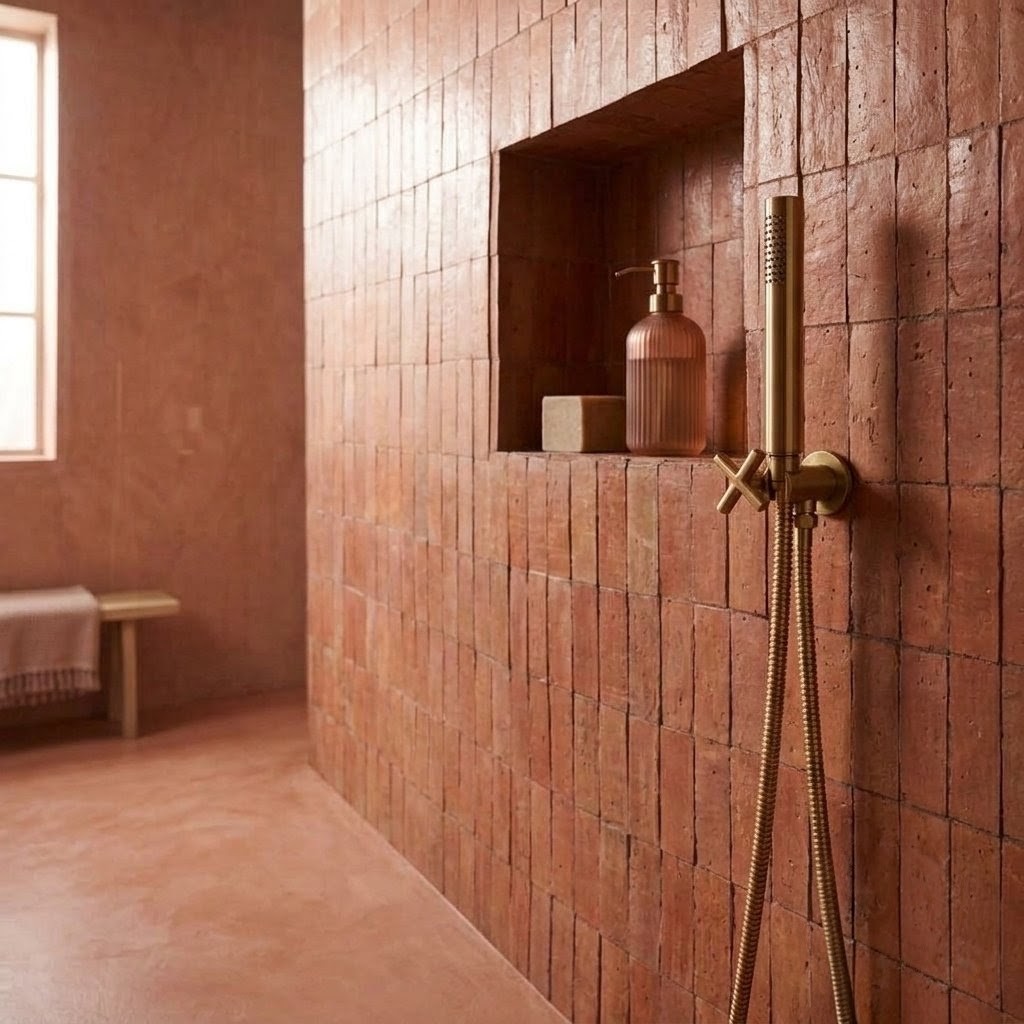 El color de la tierra: baño con cerámica y latón
