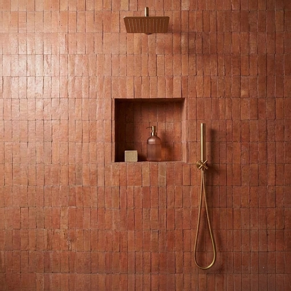 Textura y color: baño con cerámica y latón