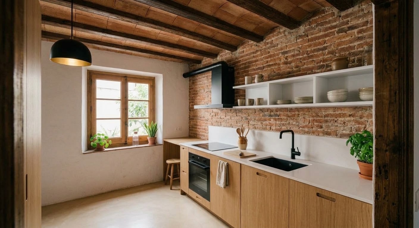 Bajo las vigas: cocina con madera y ladrillo